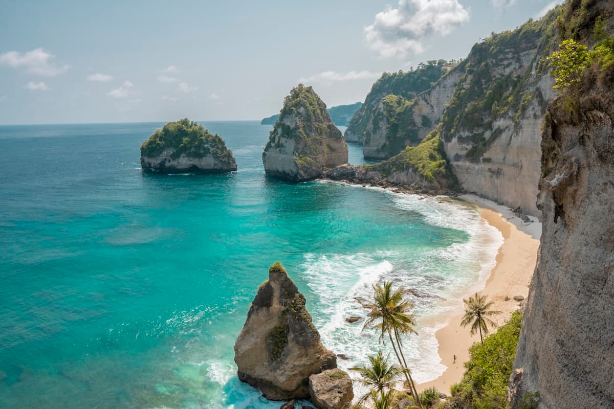 The dramatic T-Rex shaped cliff of Kelingking Beach in Nusa Penida with turquoise water and white sand below
