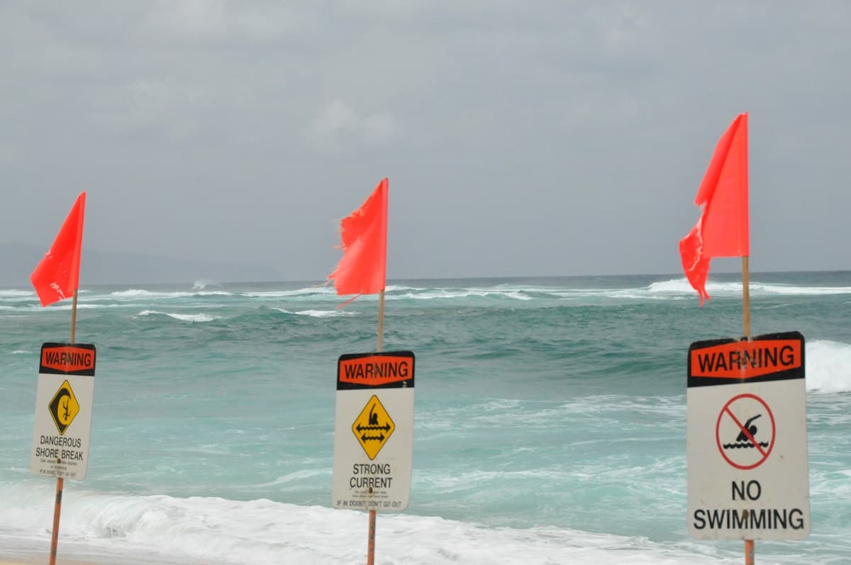 Red warning flag on a beach with waves in the background