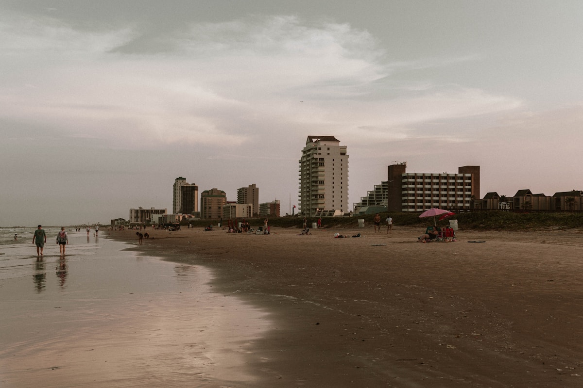 South Padre Island beach with hotels lining the shore